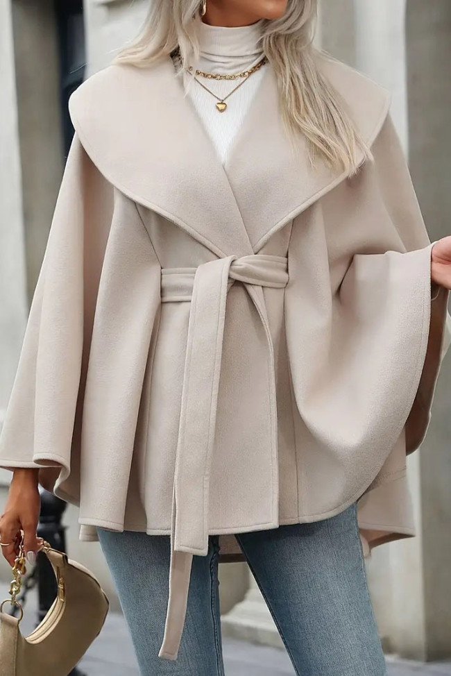 Solid Color Lapel and Waist Cinching Cloak