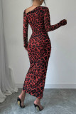 Leopard Print Long Sleeved Split Hip Dress