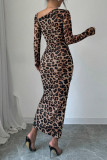 Leopard Print Long Sleeved Split Hip Dress