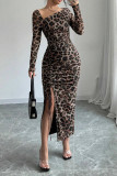 Leopard Print Long Sleeved Split Hip Dress