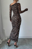 Leopard Print Long Sleeved Split Hip Dress