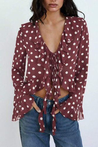 Vintage Polka Dot Printed Long Sleeved Shirt