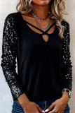V-neck Sequin Long-sleeved T-shirt
