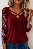 V-neck Sequin Long-sleeved T-shirt