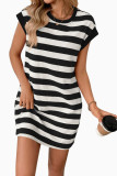 Round Neck Short Sleeved Striped Pocket Dress