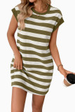Round Neck Short Sleeved Striped Pocket Dress