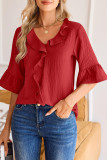 Solid Color Ruffled Seven Quarter Sleeved Shirt