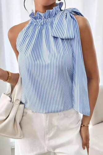 Lotus Leaf Edge Bow Striped Sleeveless Shirt