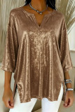 Shiny V-neck Loose Slit Seven Quarter Sleeve Shirt