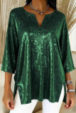 Shiny V-neck Loose Slit Seven Quarter Sleeve Shirt