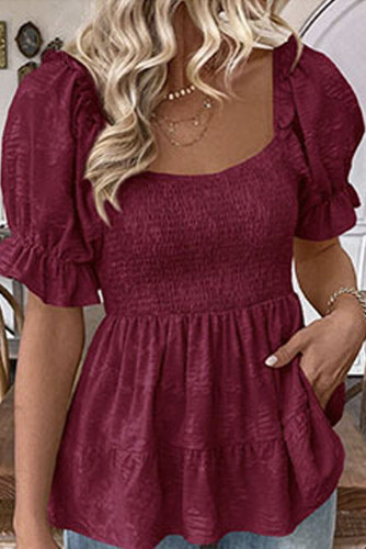 Square Neck Bubble Sleeve Waist Cinching Shirt