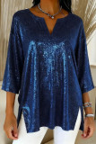 Shiny V-neck Loose Slit Seven Quarter Sleeve Shirt