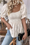 Square Neck Bubble Sleeve Waist Cinching Shirt