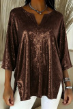Shiny V-neck Loose Slit Seven Quarter Sleeve Shirt
