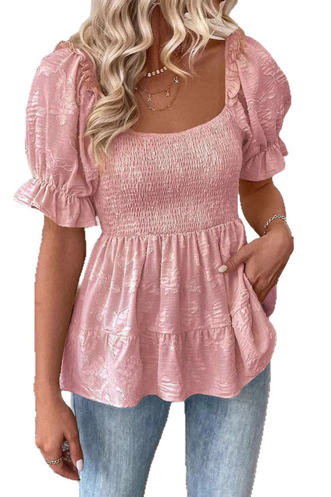 Square Neck Bubble Sleeve Waist Cinching Shirt