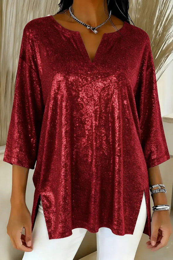 Shiny V-neck Loose Slit Seven Quarter Sleeve Shirt