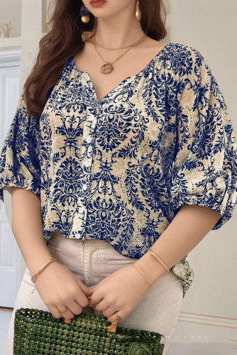 Large Size Print V-neck Lantern Sleeve Shirt