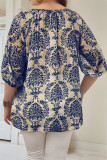 Large Size Print V-neck Lantern Sleeve Shirt