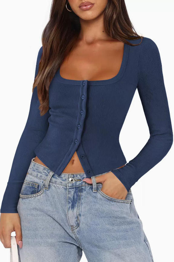 Square Neck Slim Fit Long Sleeved Cardigan T-shirt