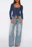 Square Neck Slim Fit Long Sleeved Cardigan T-shirt