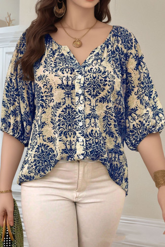 Large Size Print V-neck Lantern Sleeve Shirt