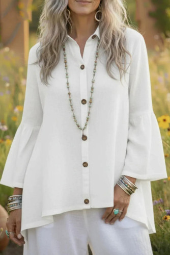 Solid Color Cotton Linen Trumpet Long Sleeved Shirt