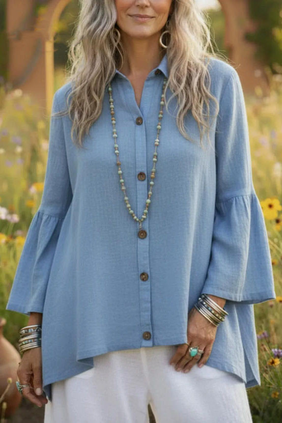 Solid Color Cotton Linen Trumpet Long Sleeved Shirt