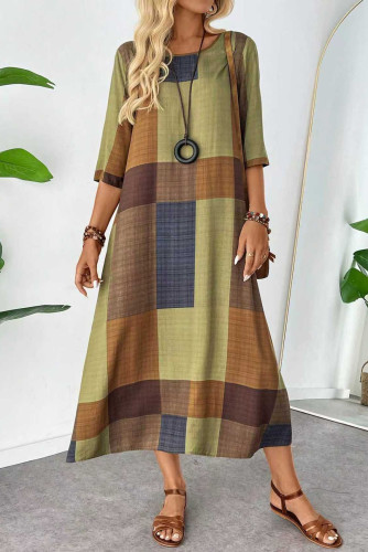 Vintage Long Sleeved Checkered Printed Dress