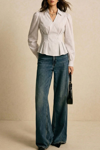 Lapel Long Sleeved Striped Printed Shirt