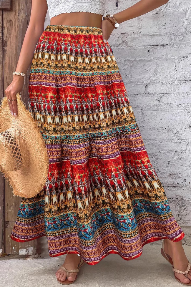 Ethnic Style Printed Elastic High Waist Skirt