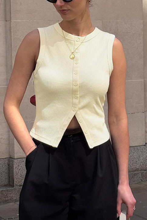 Solid Color Round Neck Sleeveless Cardigan Vest