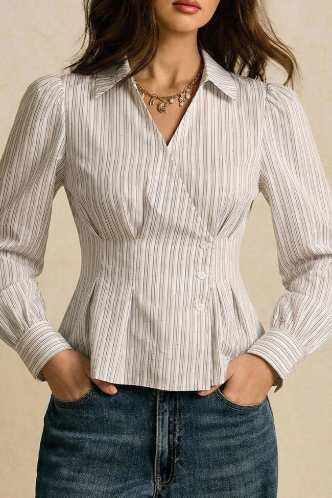 Lapel Long Sleeved Striped Printed Shirt