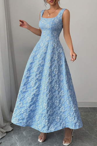 Square Neck Jacquard Sleeveless Waist Cinched Dress 