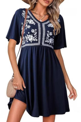 V-neck Printed Waist Cinching Short Sleeved Dress