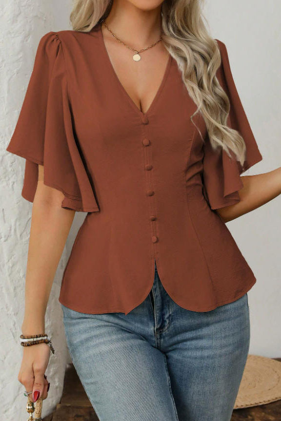 V-neck Solid Color Ruffled Short Sleeved Shirt