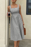 French Sleeveless Square Neck Striped Dress