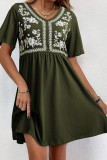 V-neck Printed Waist Cinching Short Sleeved Dress