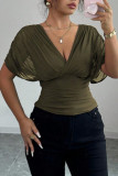 Deep V-neck Small Fly Sleeve Waist Cinched Shirt