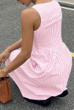 French Sleeveless Square Neck Striped Dress