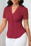 Solid Color Embroidered Hollow Short Sleeved Shirt