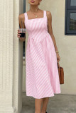 French Sleeveless Square Neck Striped Dress