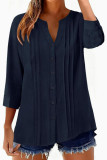 Solid Color Pleated Nine Quarter Sleeve Shirt