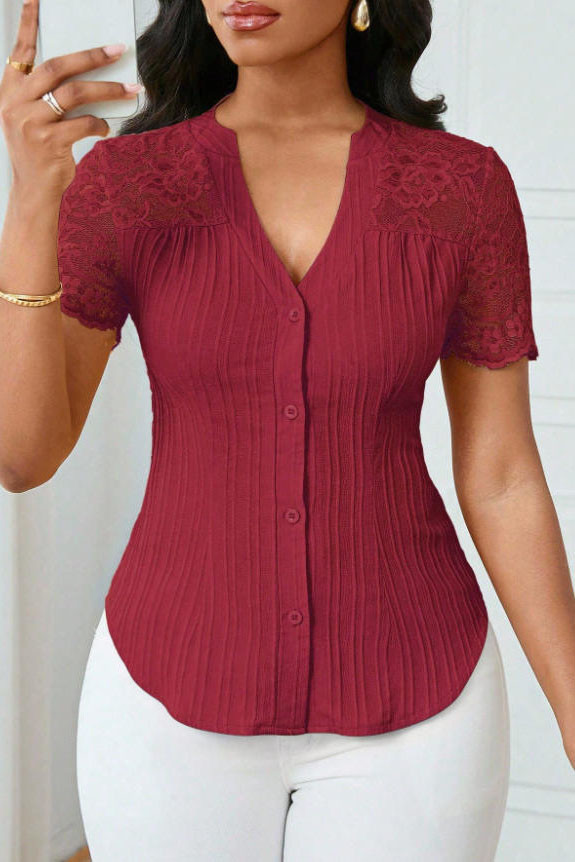 Solid Color Embroidered Hollow Short Sleeved Shirt