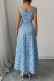 Square Neck Jacquard Sleeveless Waist Cinched Dress 