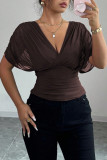 Deep V-neck Small Fly Sleeve Waist Cinched Shirt