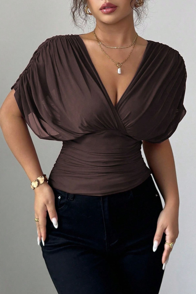 Deep V-neck Small Fly Sleeve Waist Cinched Shirt
