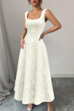 Square Neck Jacquard Sleeveless Waist Cinched Dress 