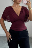 Deep V-neck Small Fly Sleeve Waist Cinched Shirt