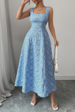 Square Neck Jacquard Sleeveless Waist Cinched Dress 
