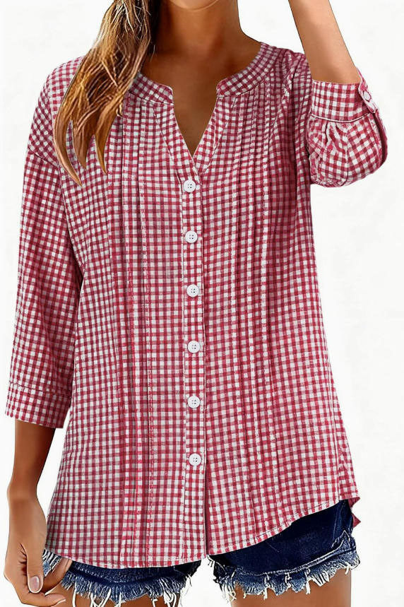 Solid Color Pleated Nine Quarter Sleeve Shirt